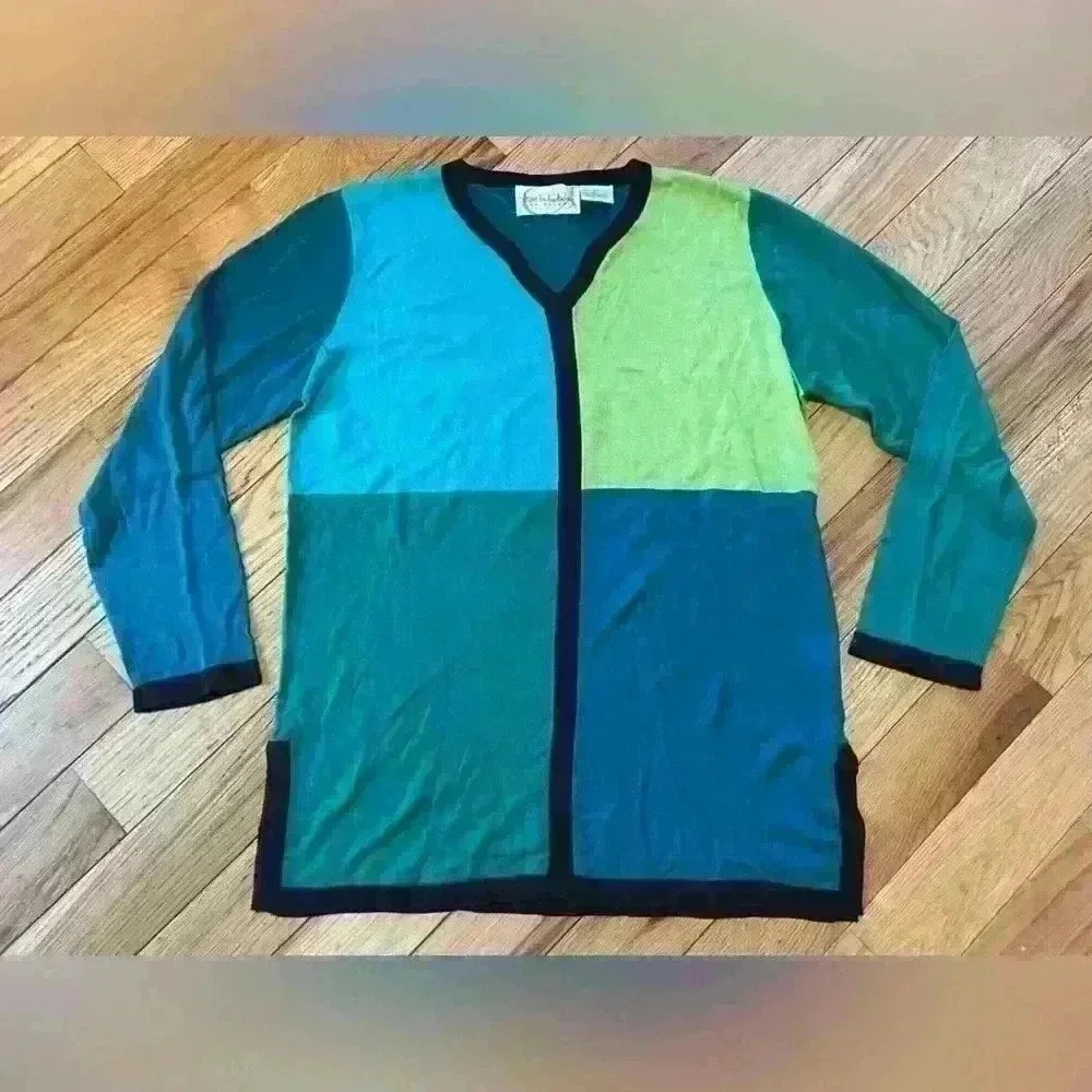 Diane Von Furstenberg Silk Assets Vneck Colorblock Sweater Womens Sz M 100% Silk - Picture 7 of 13